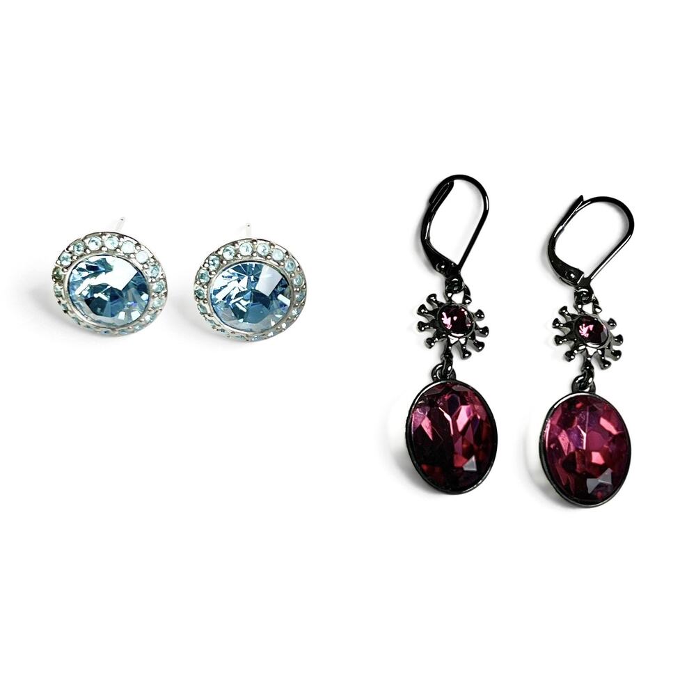 Givenchy Crystal Earrings Lot 2 Pairs Signed Pink Drop Sunburst Stud Blue Halo